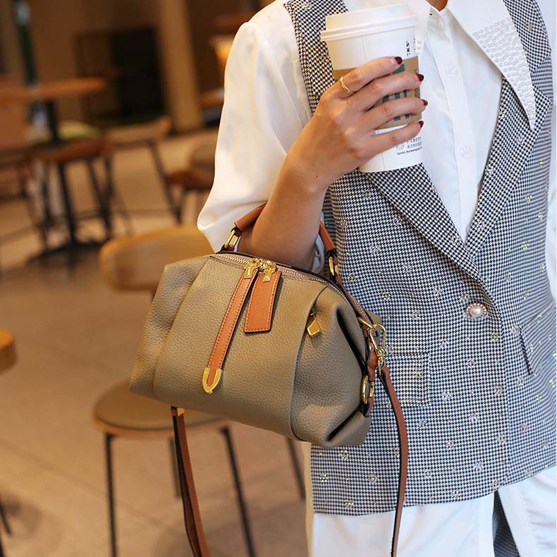 Pebbled Grain Leather Boston Bag | Cowhide Crossbody Satchel detail image 13