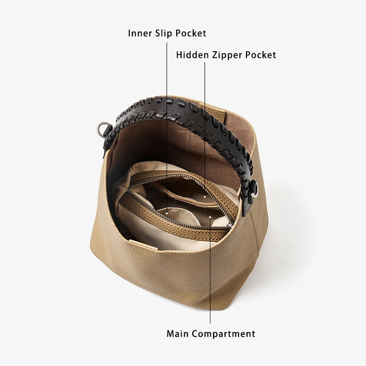 Premium Soft Top Grain Leather Bucket Bag - Minimalist Hobo Tote with Inner Pouch detail image 6