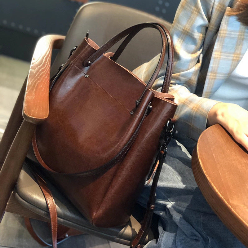 Oil Wax Leather Bucket Bag - Genuine Leather Tote Crossbody Bag detail image 7