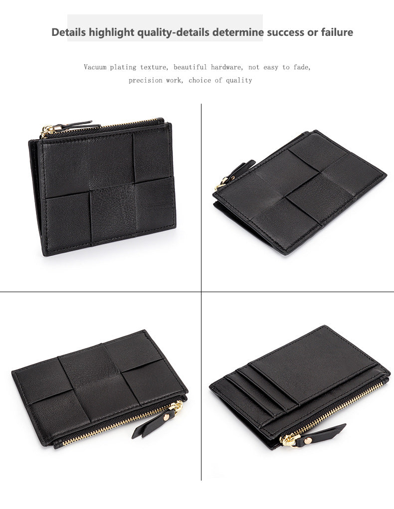 Handmade Woven Sheep Leather Slim Wallet with 4 Card Slots and Zipper Pocket detail image 5