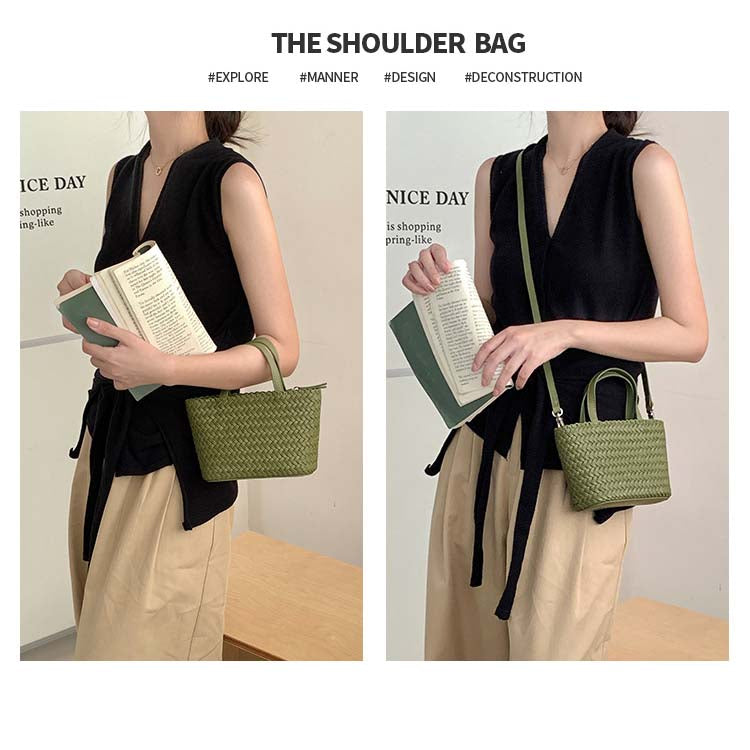 Hand-Woven Cowhide Tote Bag with Crossbody Strap in Five Colors detail image 11