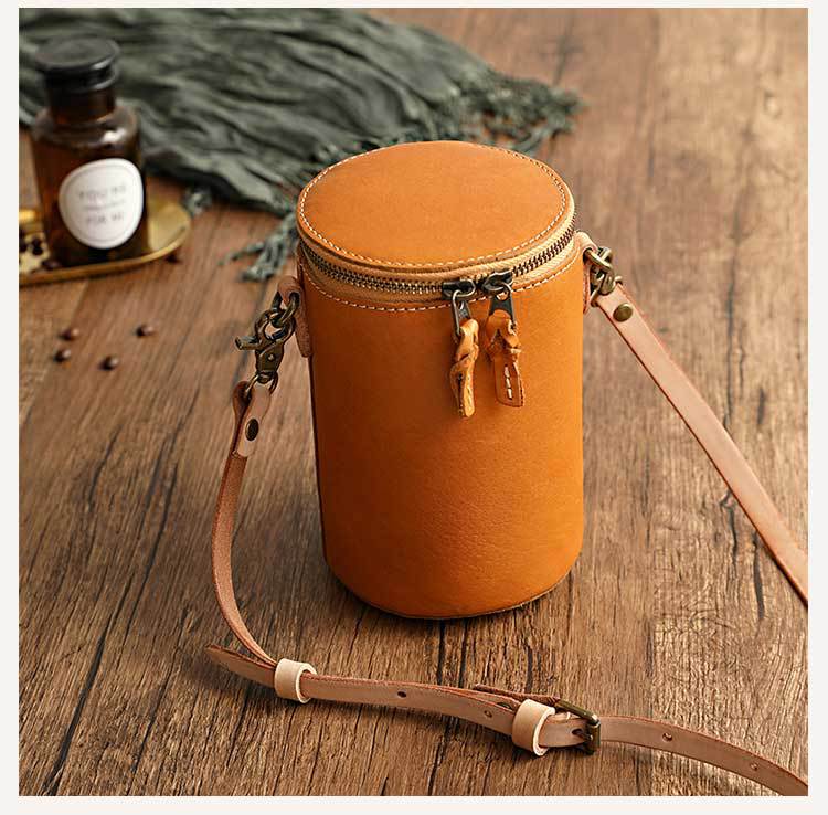 Small Vegetable Tanned Leather Bucket Bag with Adjustable Strap detail image 6