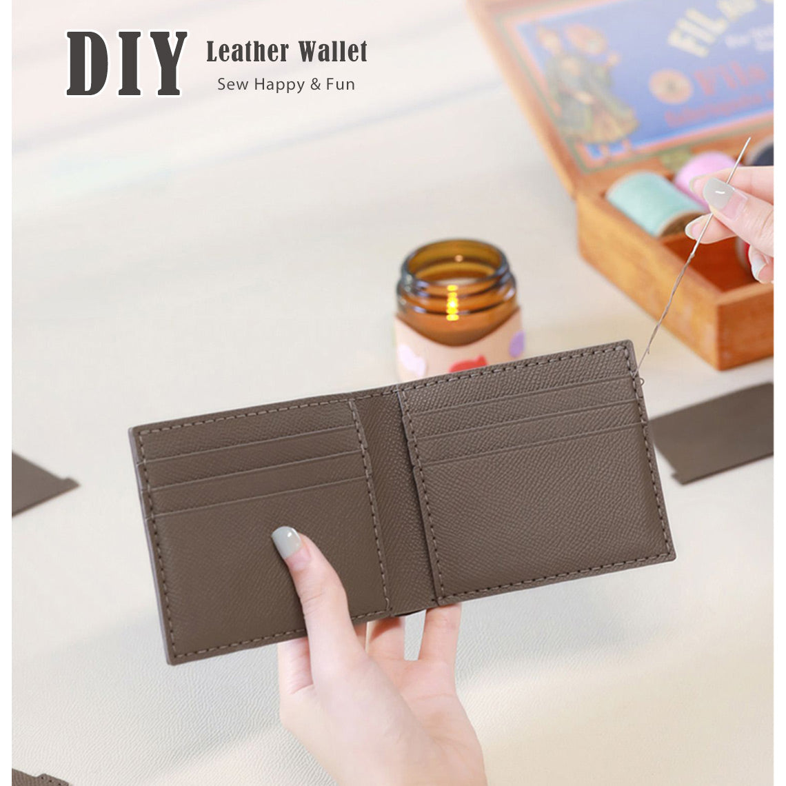 Handsew Your Own Top Grain Leather Card Wallet DIY Kit – Grey or Brown detail image 1