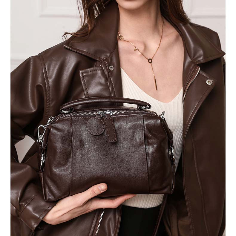 Vintage Cowhide Boston Bag | Leather Crossbody Satchel detail image 3