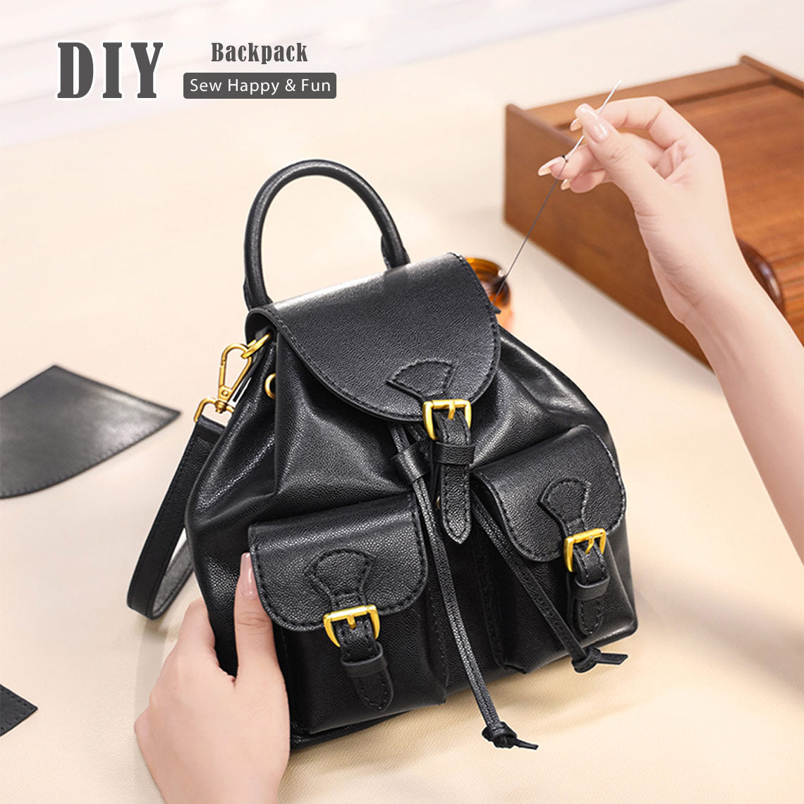 Top Grain Leather Black Backpack DIY Kit with Detachable Straps detail image 4