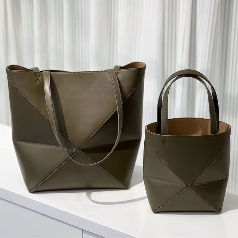 Top Grain Leather Puzzle Fold Tote Bag - Black, Brown, Army Green detail image 6