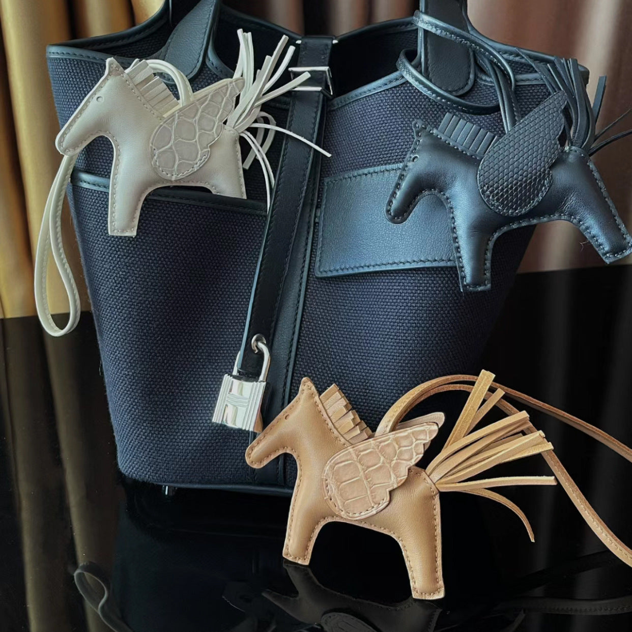 Horse Bag Charm Keychain in Sheepskin with Crocodile Pattern detail image 4