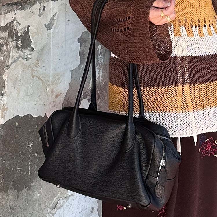 Genuine Leather Boston Bag | Large Capacity Underarm Tote & Bowling Shoulder Bag detail image 6