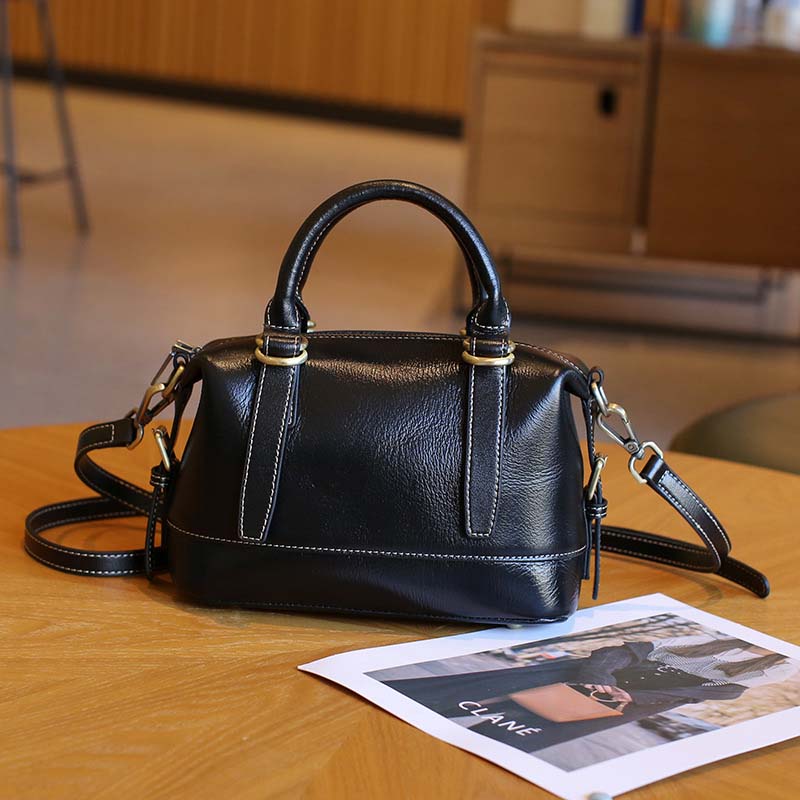 Vegetable-tanned Leather Boston Bag | Cowhide Crossbody Handbag detail image 4