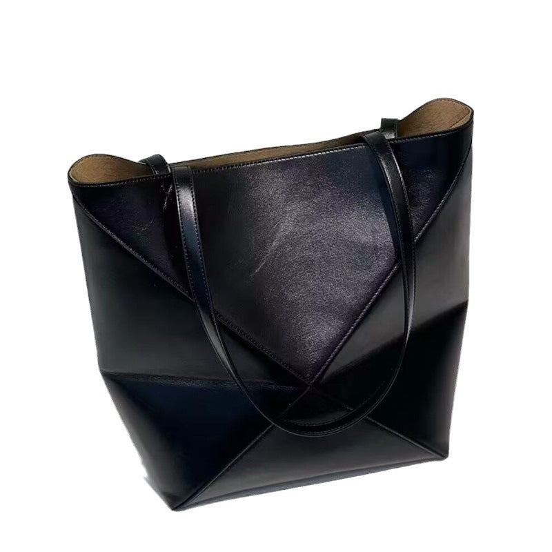 Top Grain Leather Puzzle Fold Tote Bag - Black, Brown, Army Green detail image 4