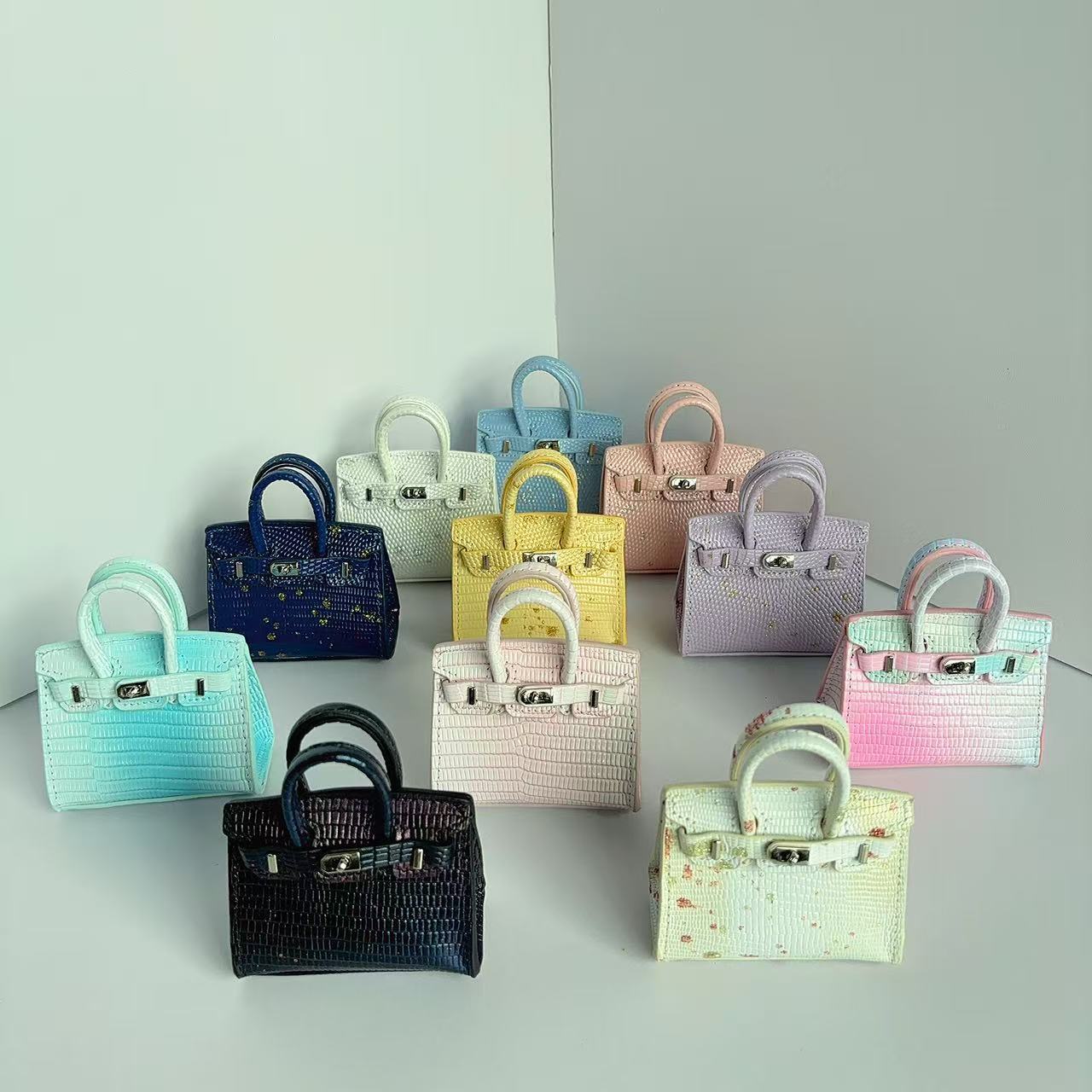 Mini Top Handle Bag Charm Keychain – Real Leather Earphone Case in Gradient & Speckle Colors detail image 1