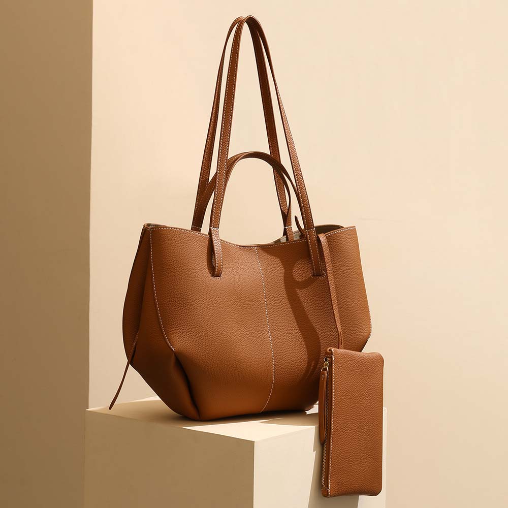 Genuine Leather Pleated Tote Bag with Matching Pouch – Large Capacity Handbag detail image 15