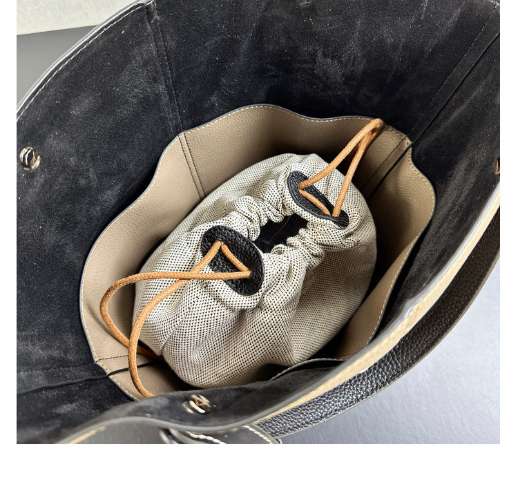 Top Grain Leather Bucket Bag with Shoulder Strap – Small and Large Sizes detail image 7