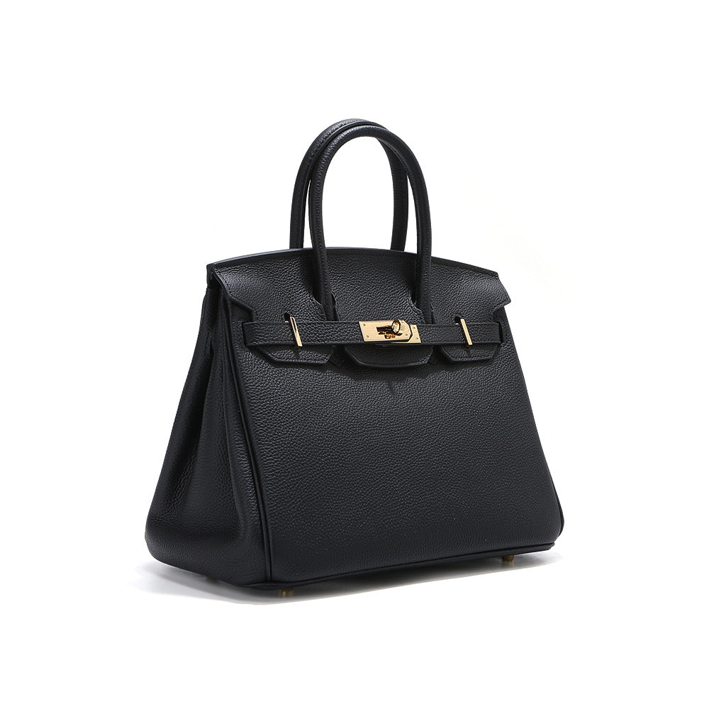 Top Grain Leather Top Handle Bag with Gold Hardware and Lock & Key detail image 17