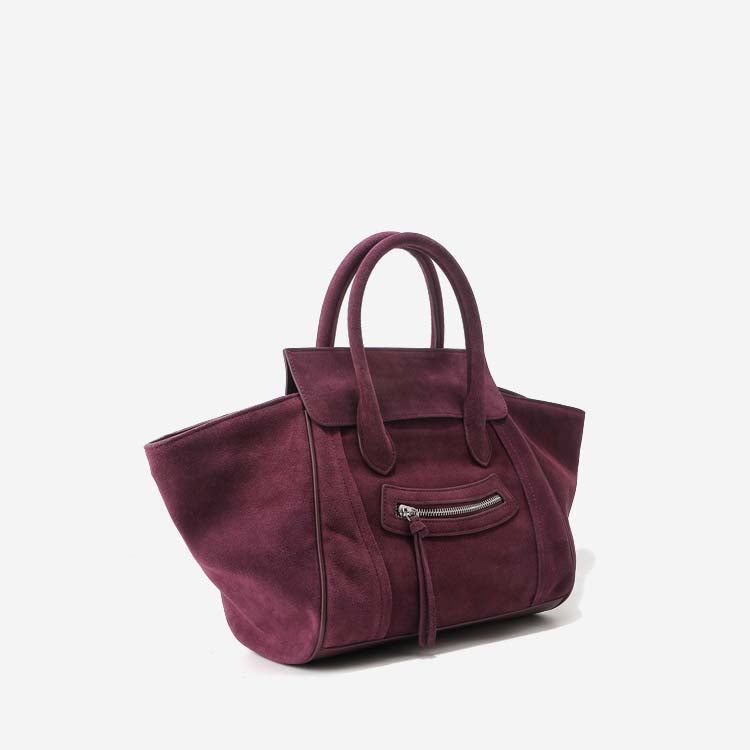 Large Suede Winged Handbag with Smile Zipper – Coffee, Brown, Dark Brown, Black, Wine Red detail image 14