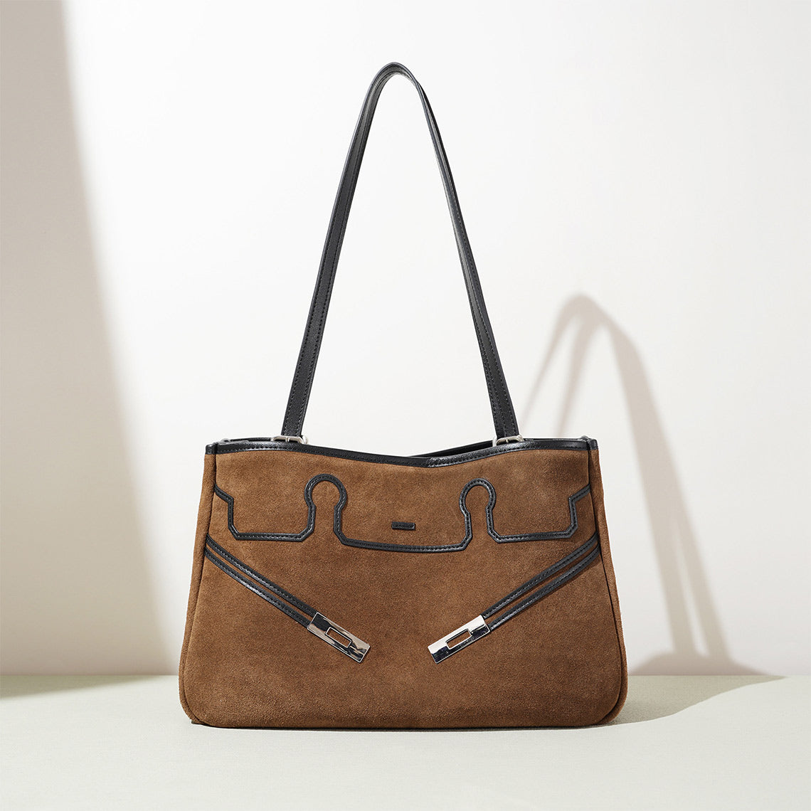 Suede Leather Heritage Tote Bag in Brown, Beige, and Dark Brown detail image 6