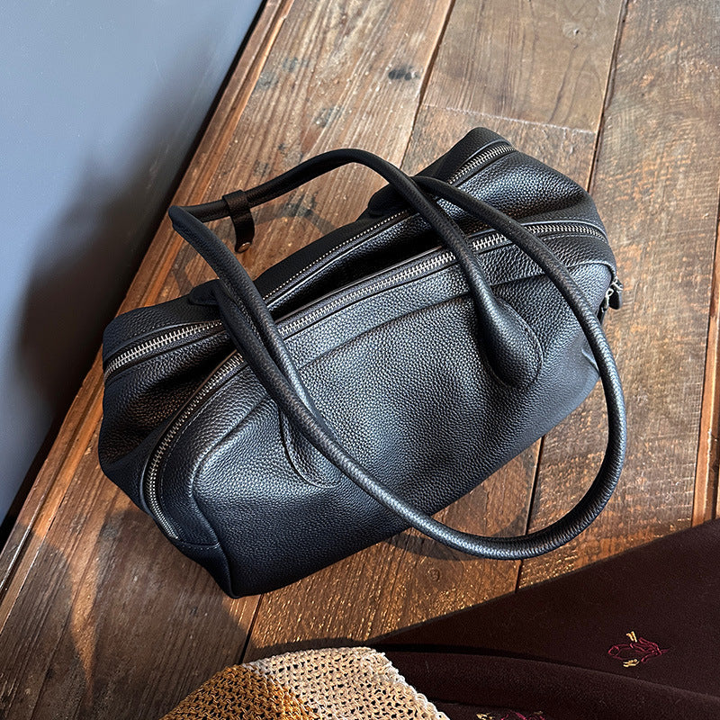 Genuine Leather Boston Bag | Large Capacity Underarm Tote & Bowling Shoulder Bag detail image 3