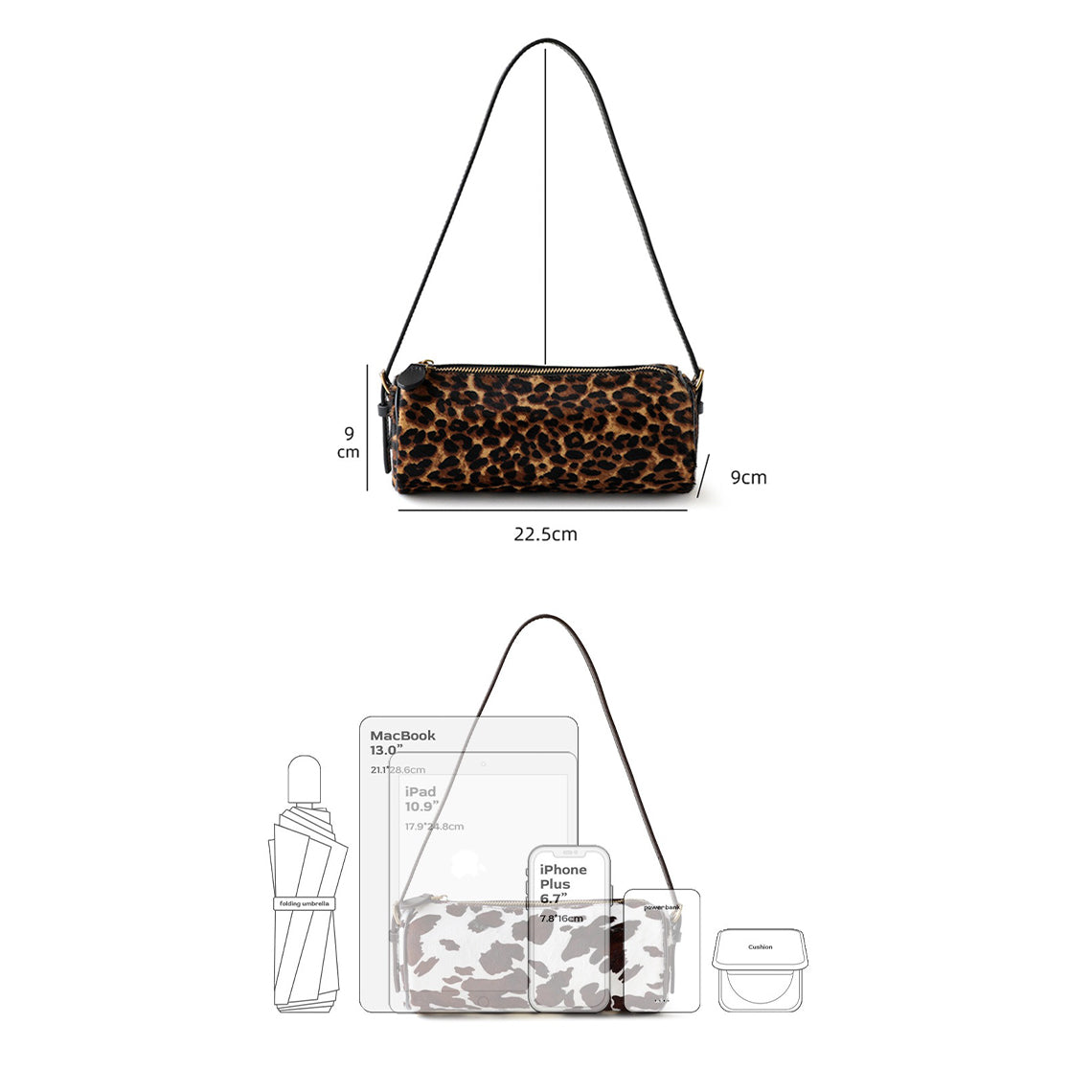 Cylinder Leather Bag with Horse Fur Trim – Cow or Leopard Pattern detail image 9