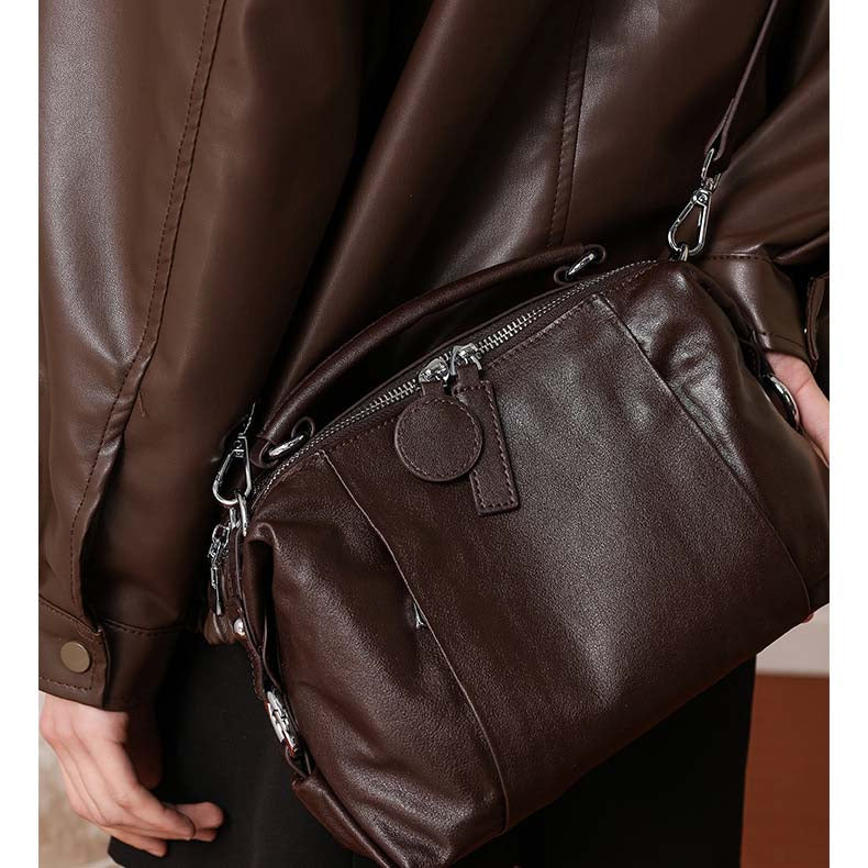 Vintage Cowhide Boston Bag | Leather Crossbody Satchel detail image 8