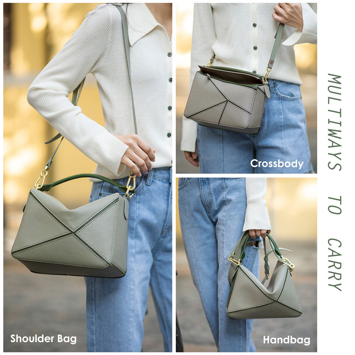 Handsewgift Leather Geometry Crossbody Bag DIY Kit - Green & Grey or Brown, Large detail image 6