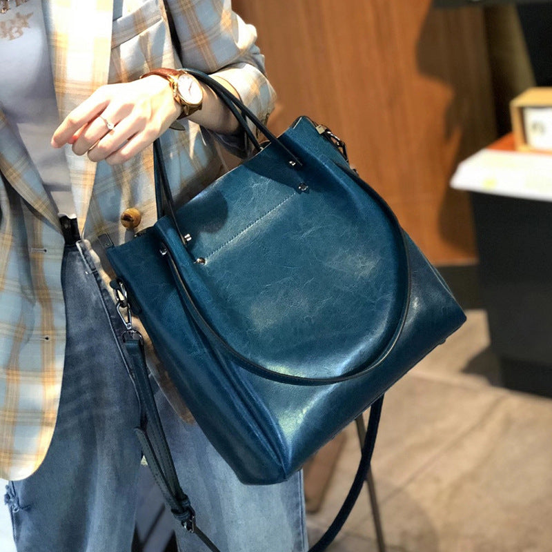 Oil Wax Leather Bucket Bag - Genuine Leather Tote Crossbody Bag detail image 10