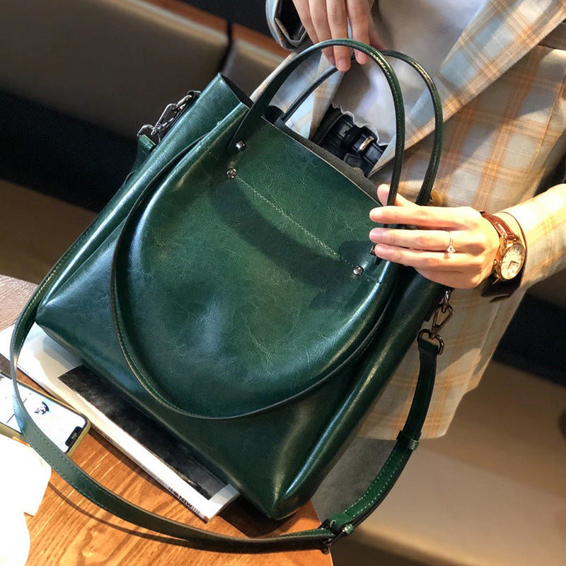 Oil Wax Leather Bucket Bag - Genuine Leather Tote Crossbody Bag detail image 9