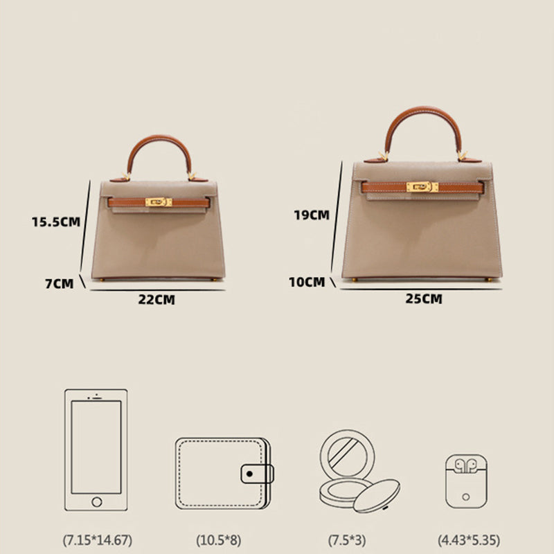 Bi-Color Cowhide Top Handle Bag with Gold-Tone Lock – Coffee / Mlik Tea, 22cm & 25cm detail image 3