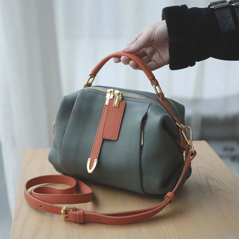 Pebbled Grain Leather Boston Bag | Cowhide Crossbody Satchel detail image 20