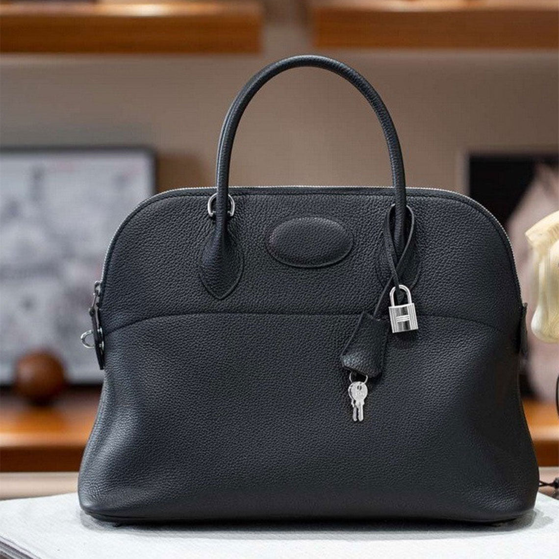 Top Grain Leather Boli Handbag in Blue, Black, Taupe, Gold Brown detail image 7
