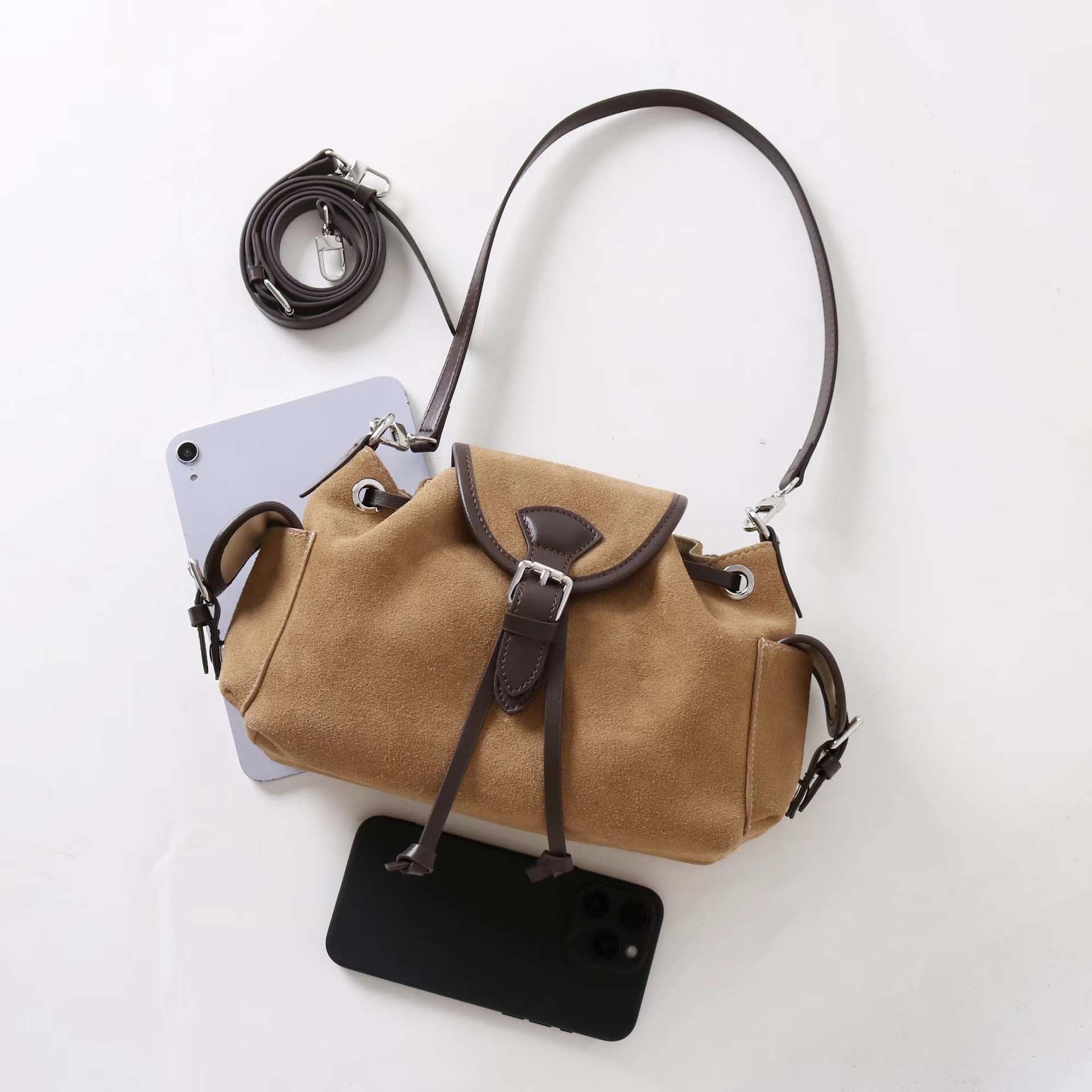 Suede Multi-Pocket Crossbody Bag with Drawstring & Buckle Closure detail image 6