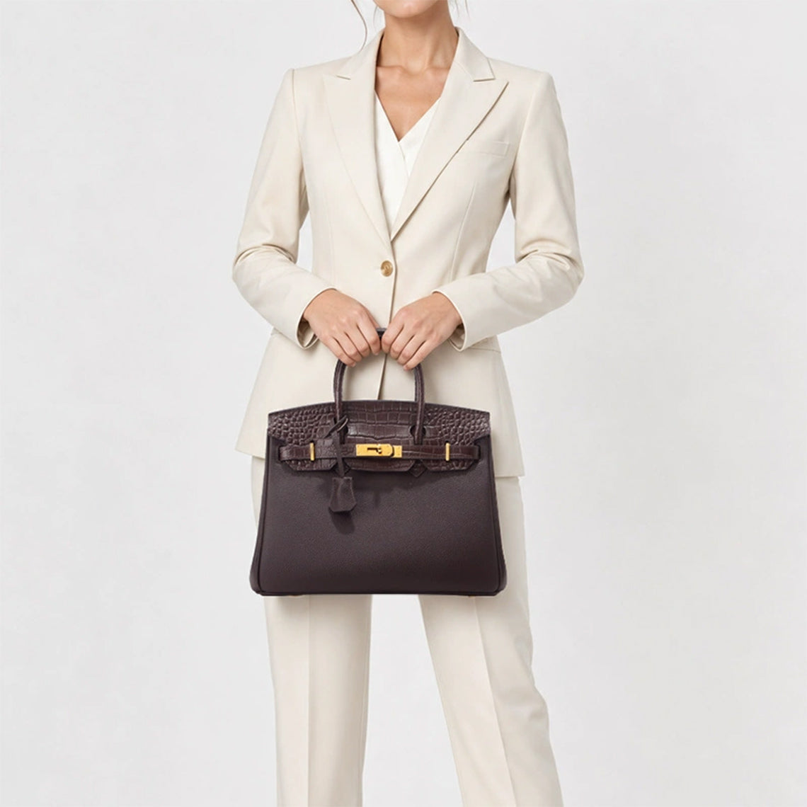 Croc Embossed Top Grain Leather Handbag with Gold-Tone Twist Lock detail image 2