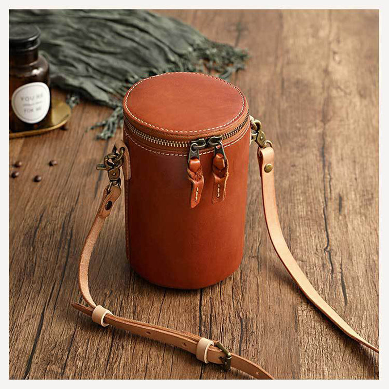 Small Vegetable Tanned Leather Bucket Bag with Adjustable Strap detail image 11