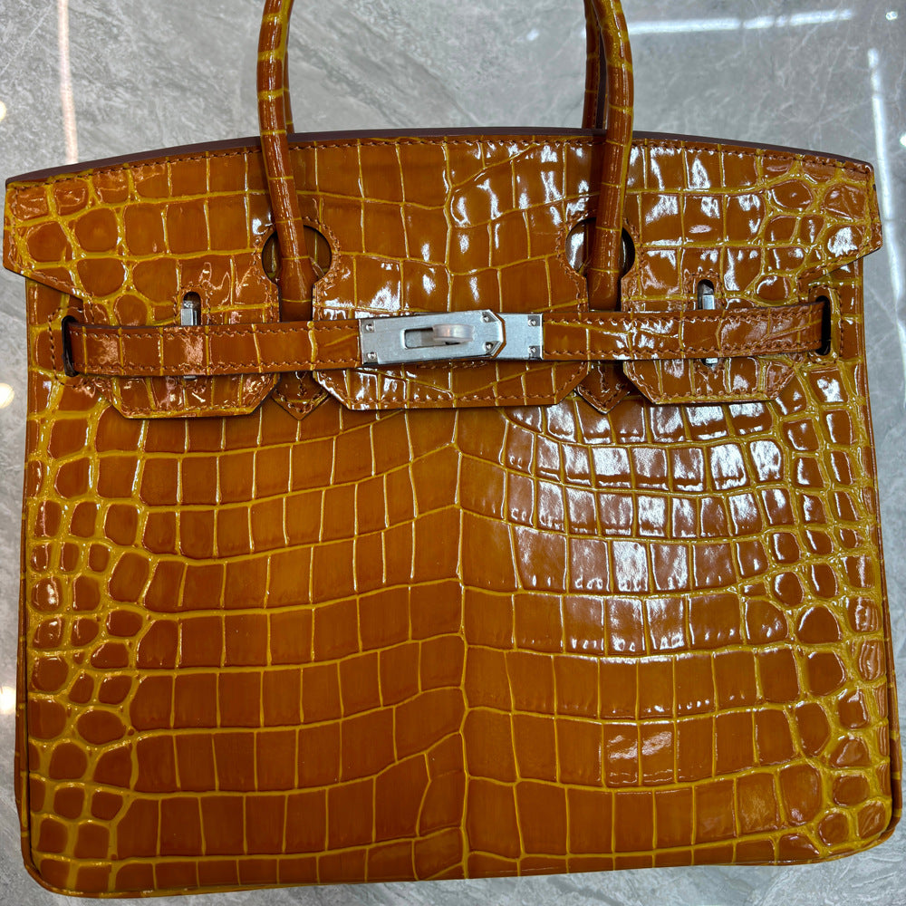 Crocodile Pattern Glossy Leather Handbag with Detachable Strap detail image 11