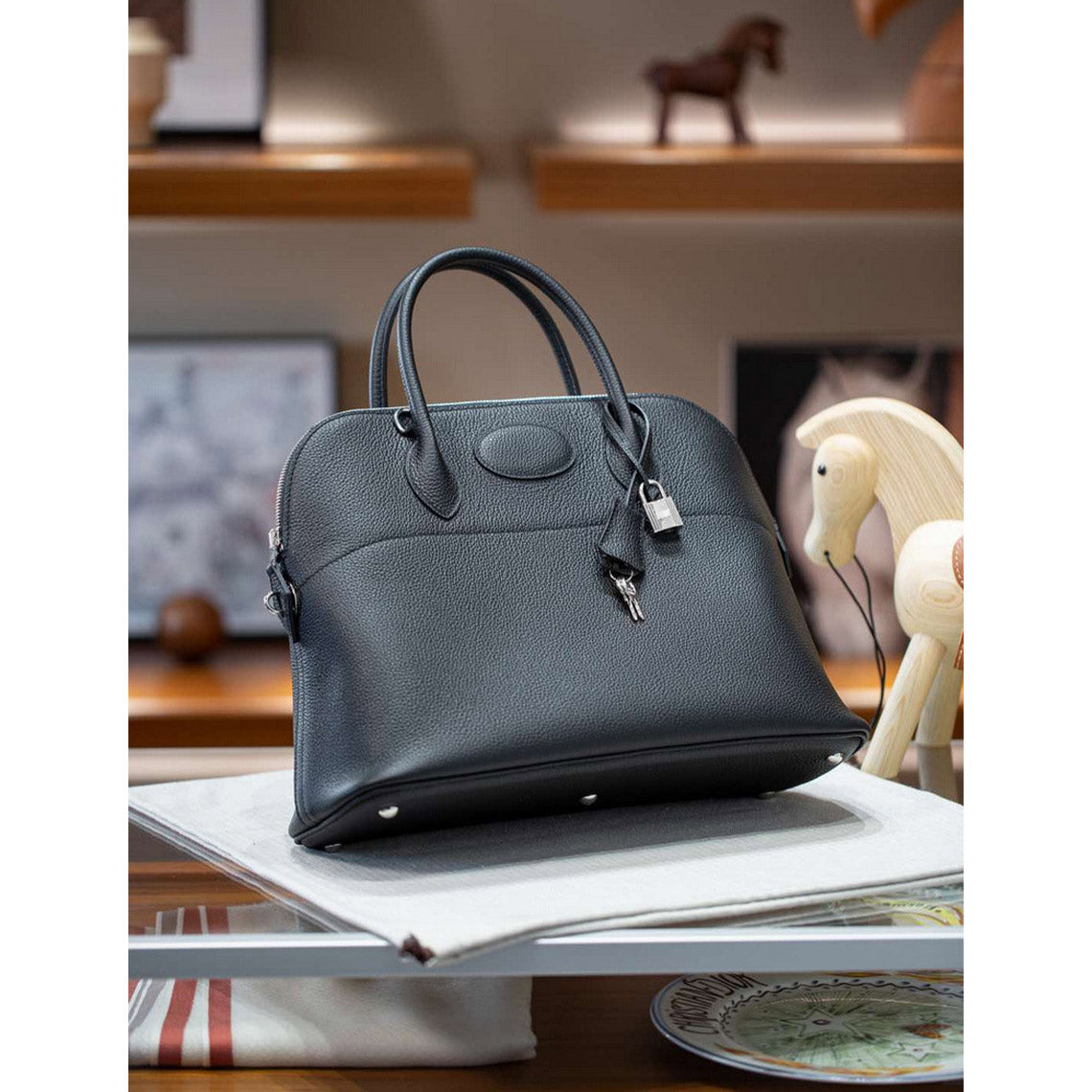 Top Grain Leather Boli Handbag in Blue, Black, Taupe, Gold Brown detail image 8