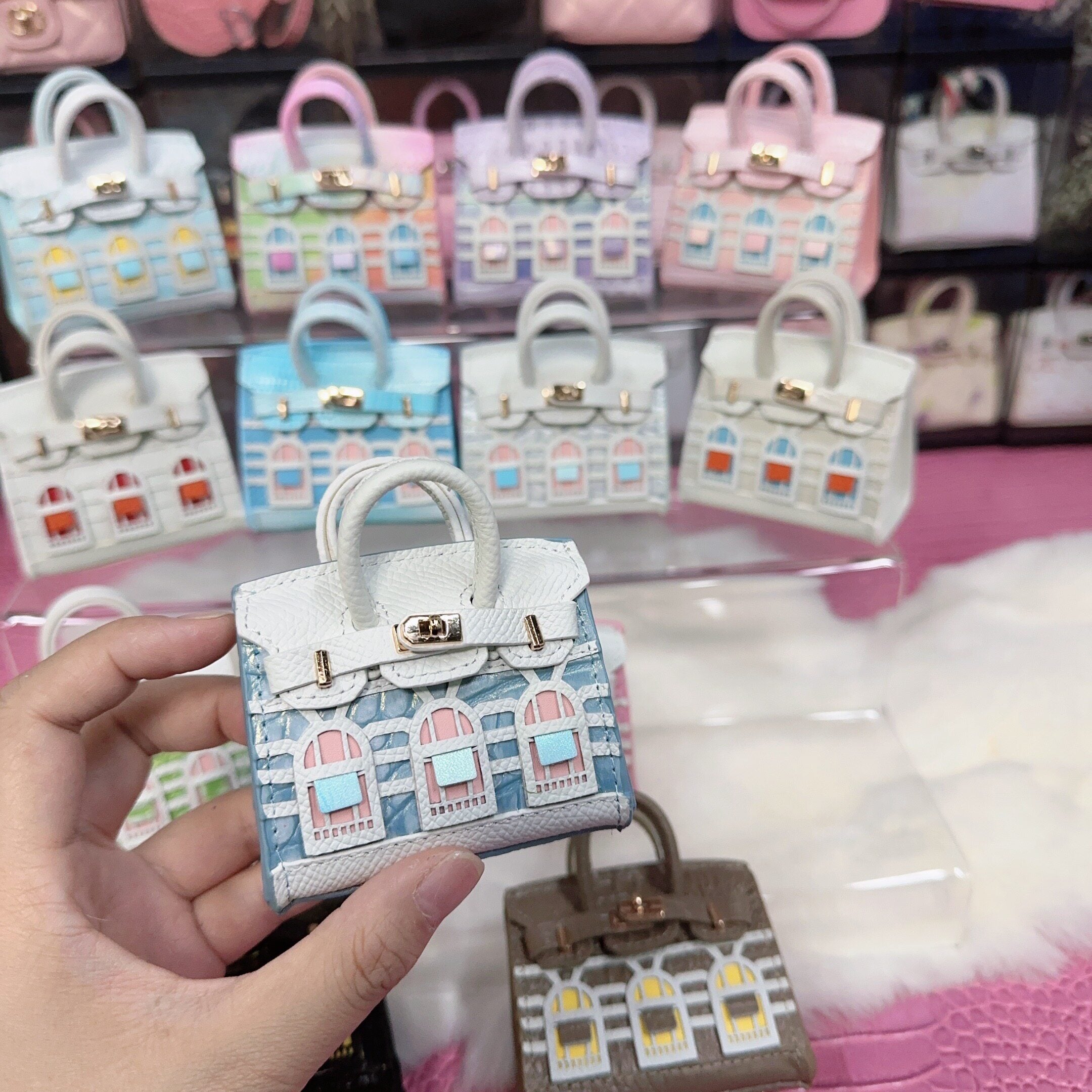 House-Shaped Mini Leather Bag Charm and Keychain in Multicolor Options detail image 5