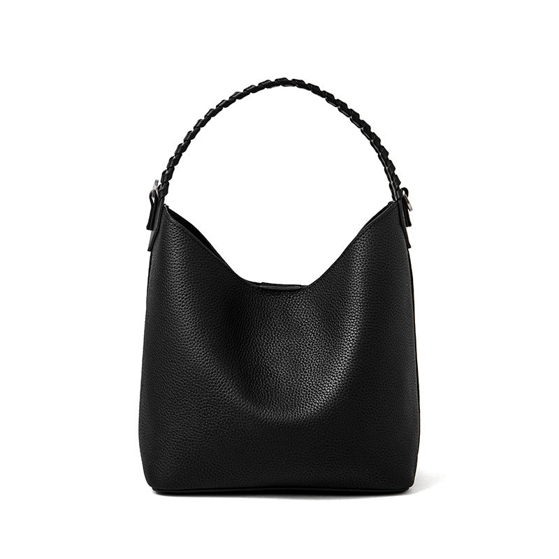 Premium Soft Top Grain Leather Bucket Bag - Minimalist Hobo Tote with Inner Pouch detail image 2
