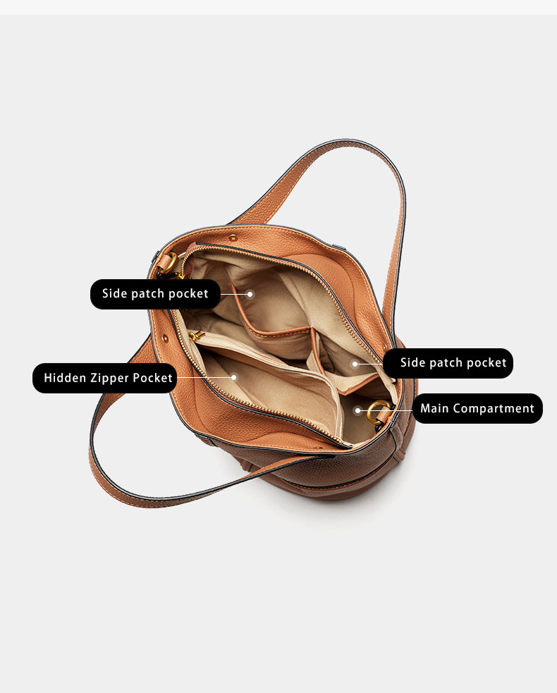 Premium Full Grain Leather Bucket Bag - Minimalist Daily Tote detail image 3