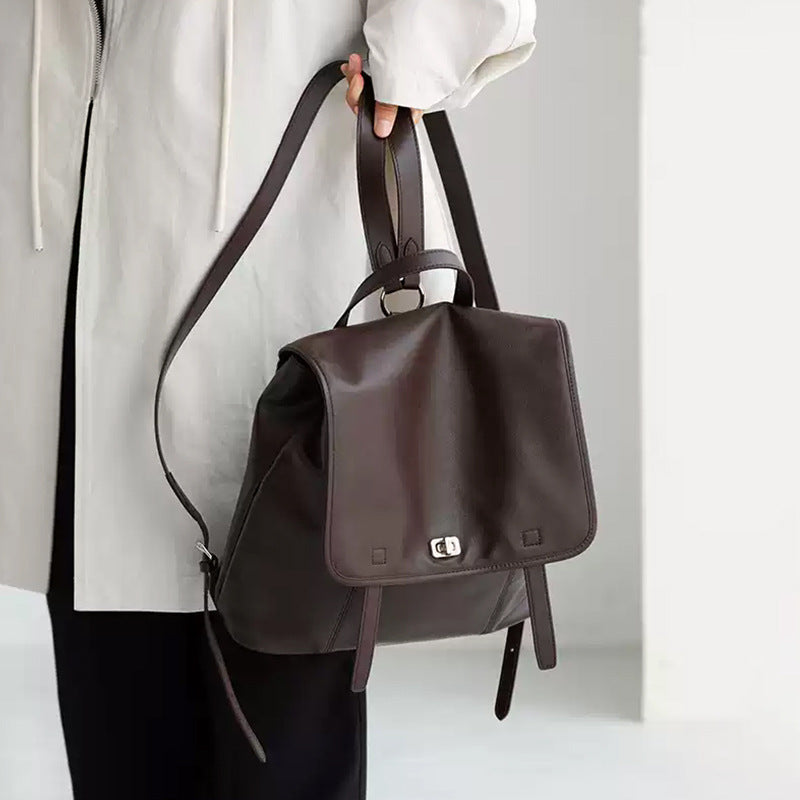 Minimalist Genuine Leather Backpack – Chic Laptop Commuter Bag in Brown and Black detail image 9