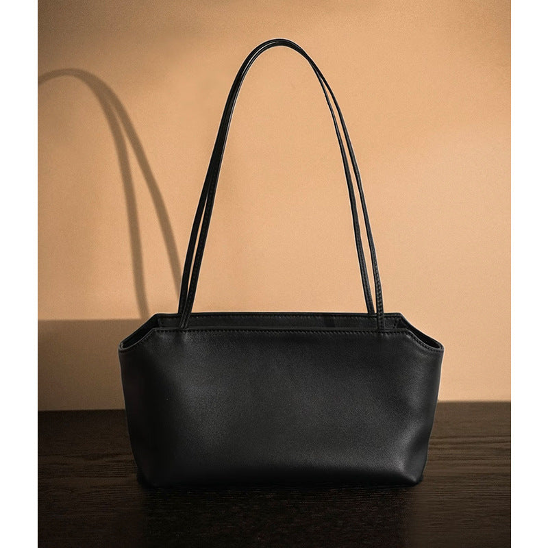 Minimalist Sheepskin Leather Shoulder Tote in Black and Dark Brown detail image 6