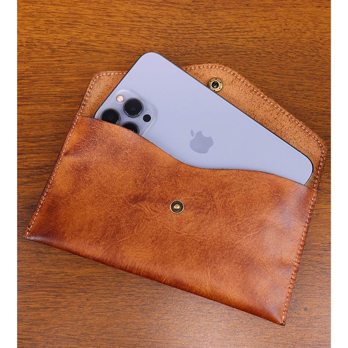 Vegetable Tanned Leather Envelope Wallet with Snap Pocket detail image 1