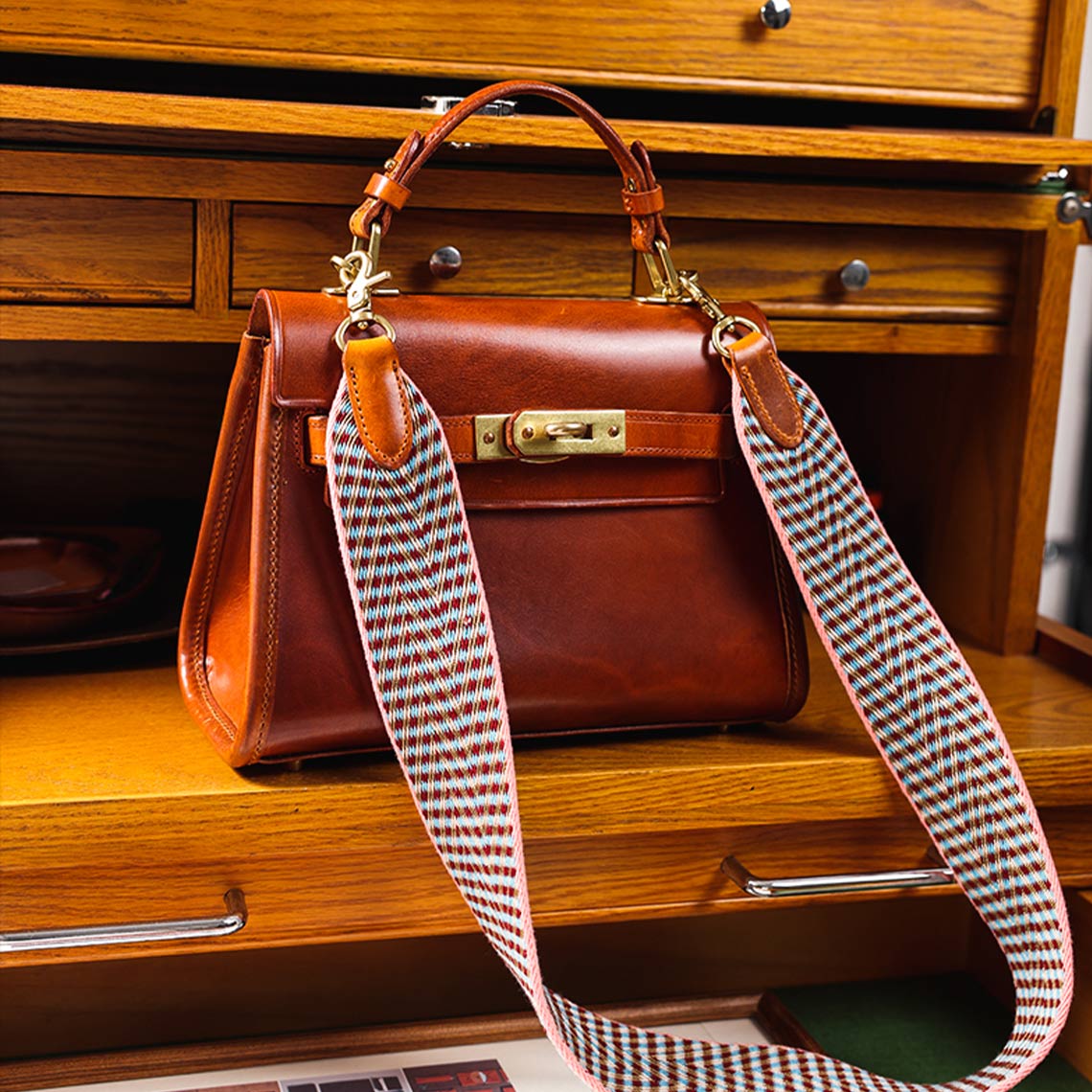 Handmade Full Grain Leather Webbing Strap – 5 cm Wide, Brass Clips, 3 Sizes detail image 4