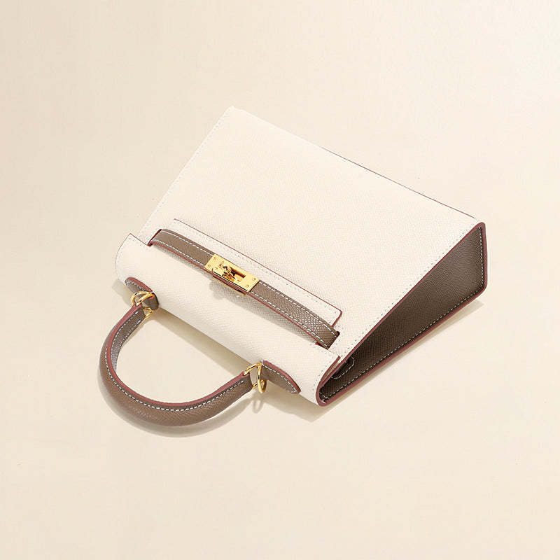 Bi-Color Cowhide Top Handle Bag with Gold-Tone Lock – Coffee / Mlik Tea, 22cm & 25cm detail image 4