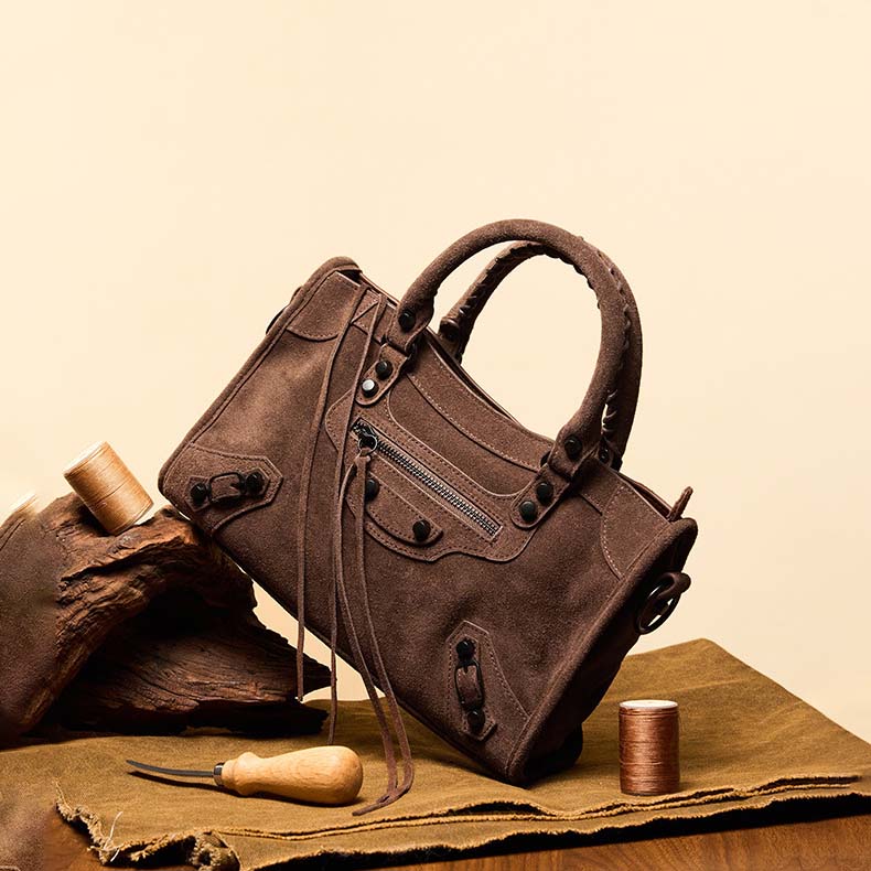 Nubuck Leather Moto City Tote Bag - Large Studded Hobo Purse detail image 1