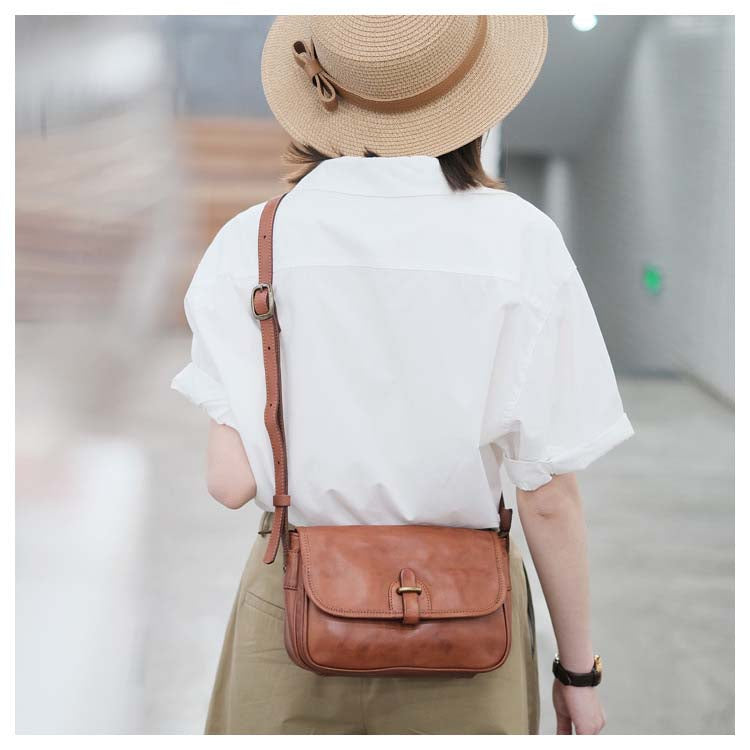 Small Square Leather Messenger Bag with Adjustable Strap – Black & Brown detail image 6