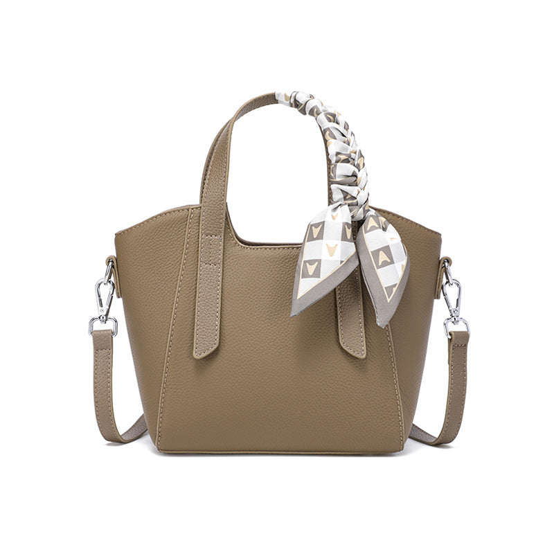 Pebbled Grain Leather Mini Bucket Bag with Floral Scarf detail image 7