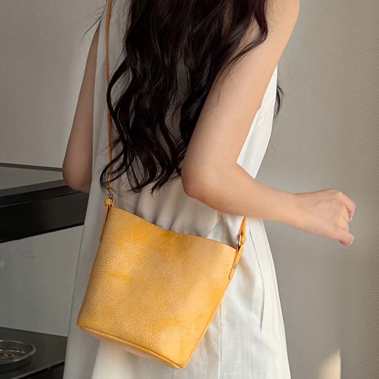 Genuine Leather Mini Bucket Bag with Adjustable Strap | Mint Green, Lilac Purple, Sakura Pink, Yellow detail image 11