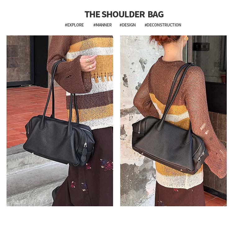 Genuine Leather Boston Bag | Large Capacity Underarm Tote & Bowling Shoulder Bag detail image 2