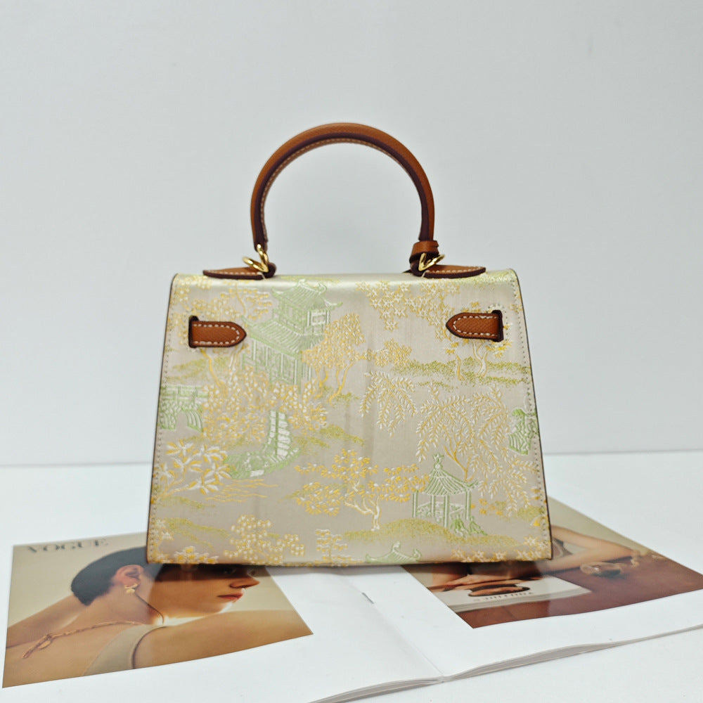 New Chinese Style Song Brocade Top-Handle Bag – Pink / Gold Brown detail image 7
