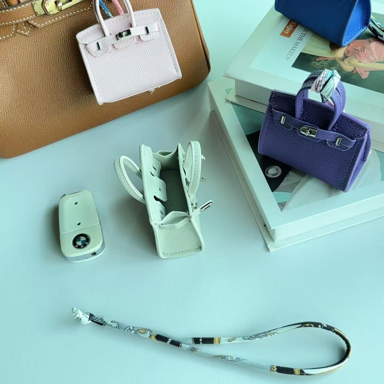 Mini Top Handle Bag Charm Keychain with Earphone Case in PU Leather detail image 6