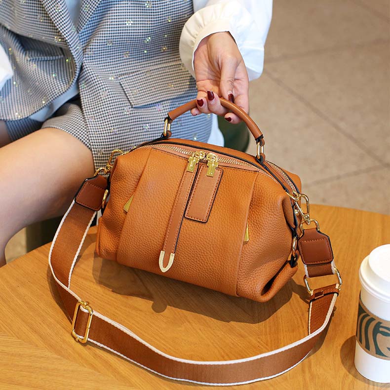 Pebbled Grain Leather Boston Bag | Cowhide Crossbody Satchel detail image 19